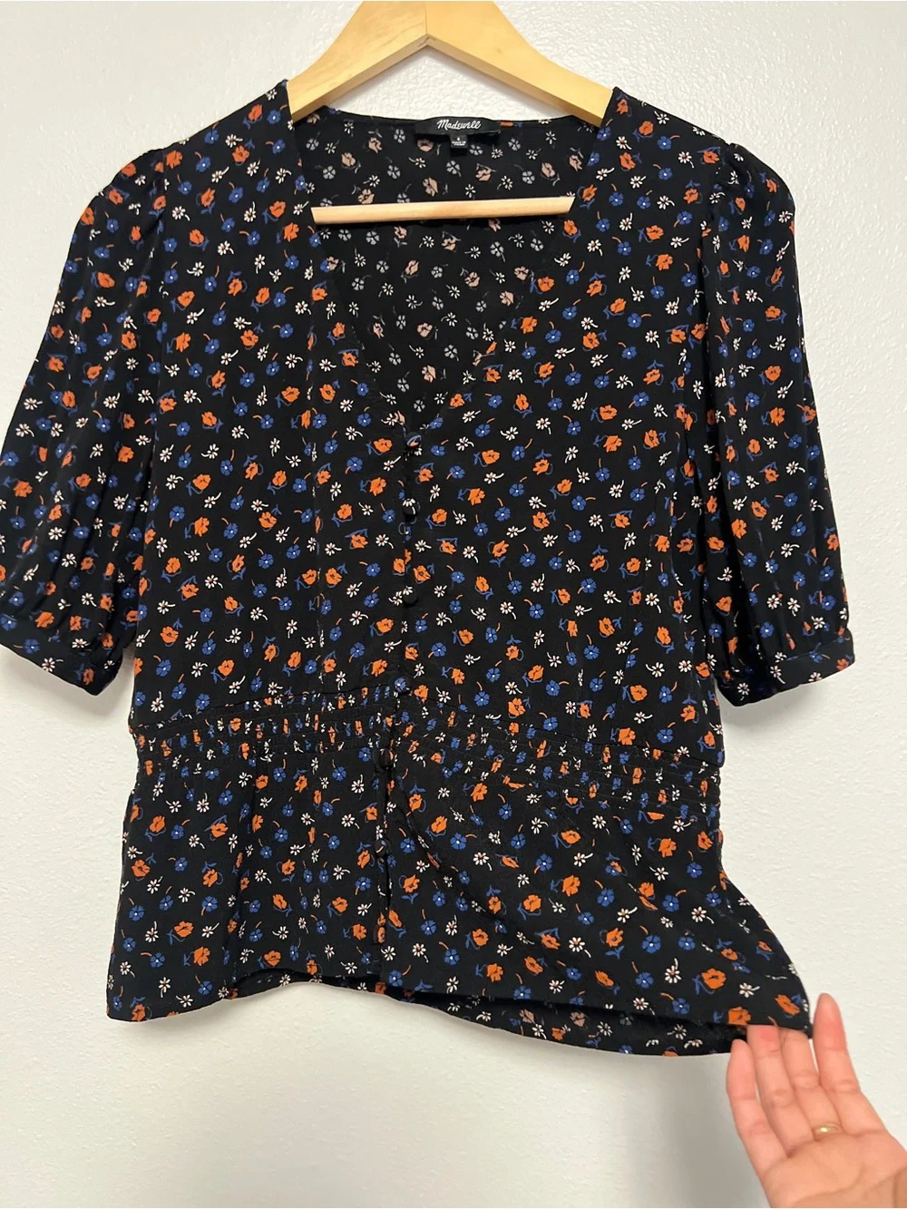 Madewell Flower Garden Floral Peplum Wrap Top Black Orange Blue Short Sleeve Sz4